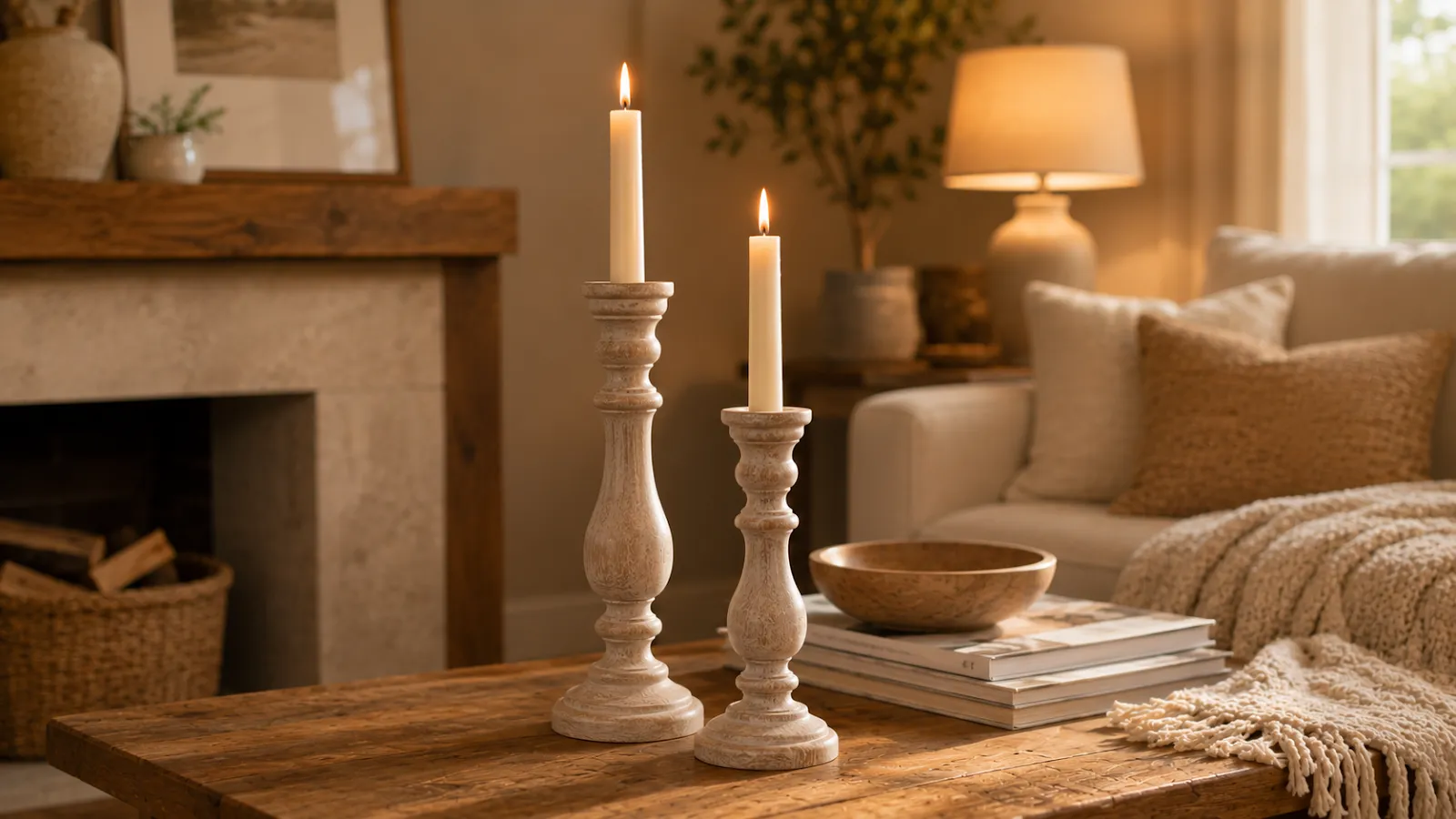 Whitewashed wooden taper candle holders with lit candles styled on a coffee table near a fireplace
