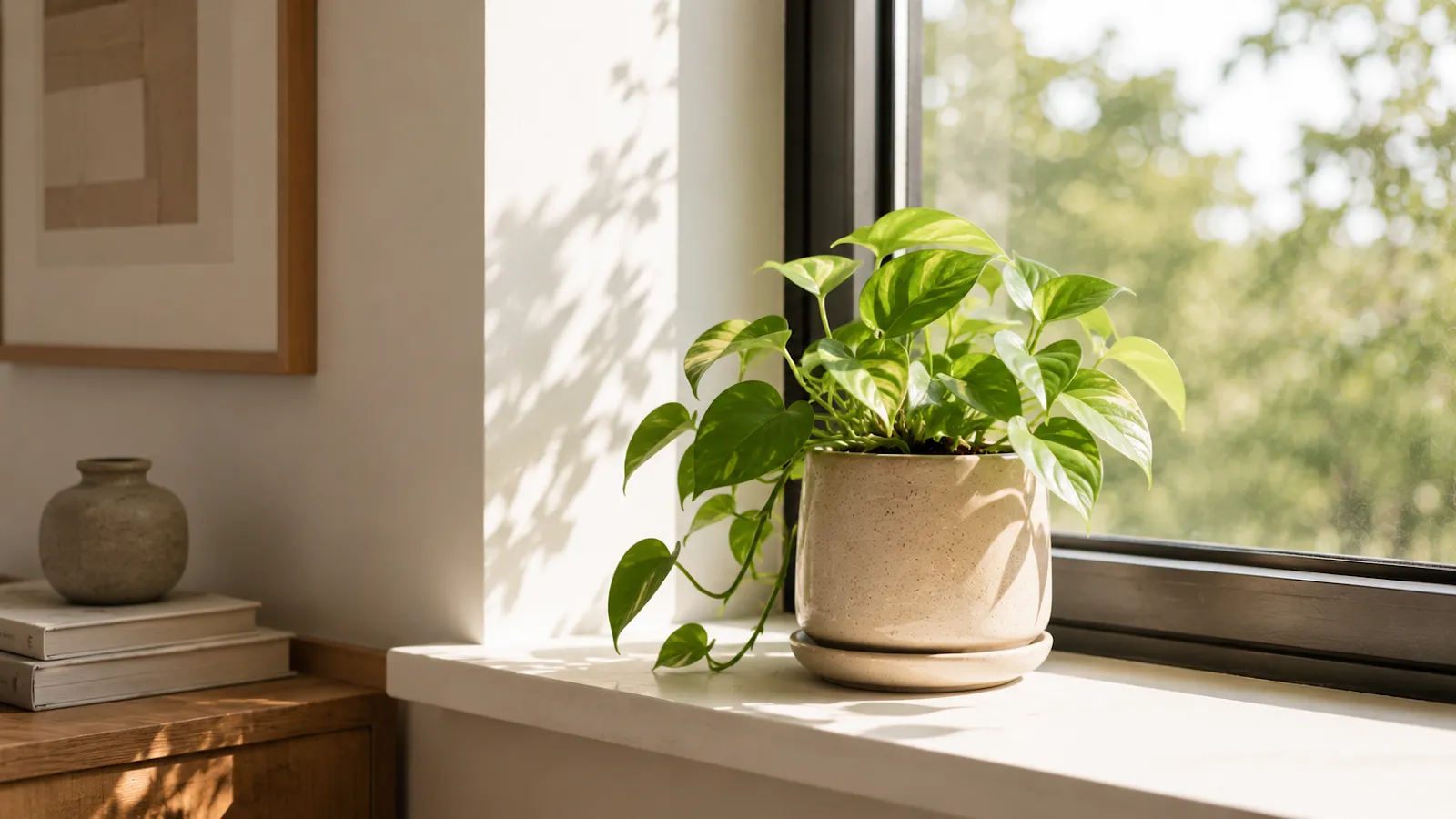 Trailing pothos plant in ceramic pot on a sunlit windowsill, calm home decor