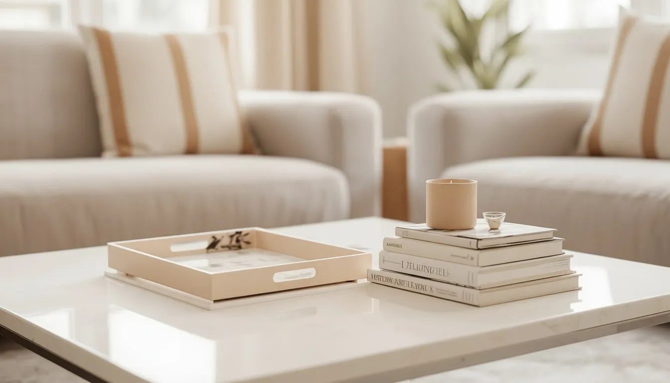 Decluttered wood coffee table styled with a tray, candle, and stacked books