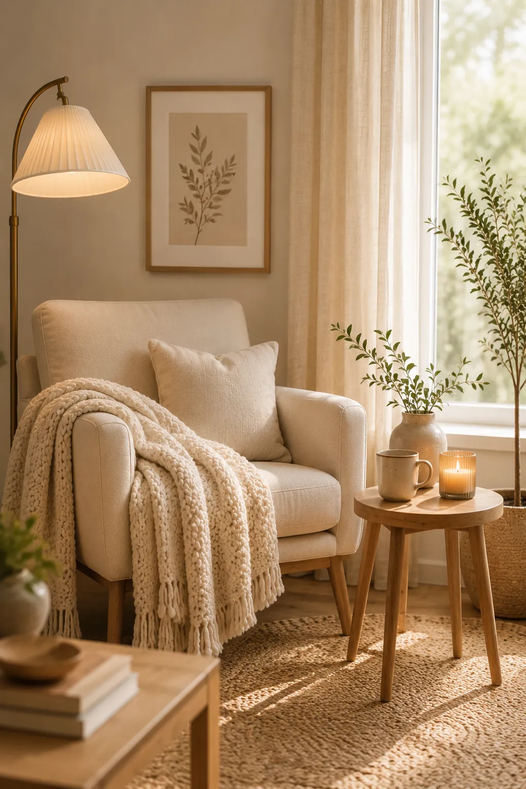 Cozy calm living room corner with warm neutral tones and soft natural light