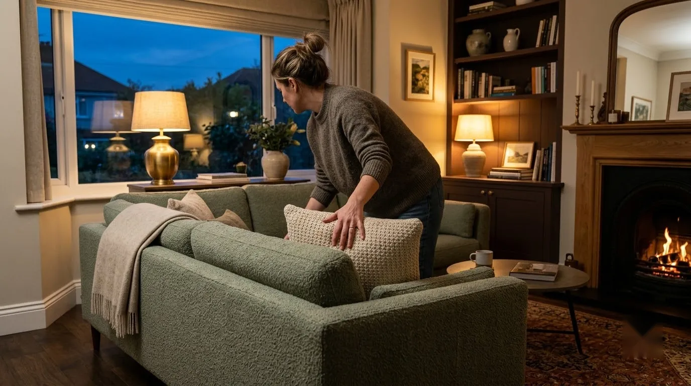 A calm living room mid evening-reset, lamps on, cushions being straightened on a neutral sofa.
