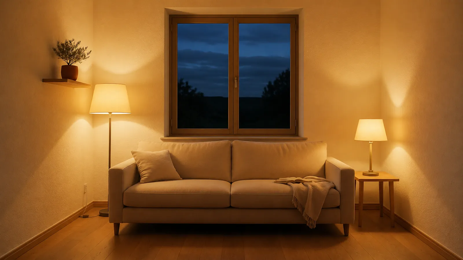 Calm living room lit only by three warm lamps at dusk, overhead light off.