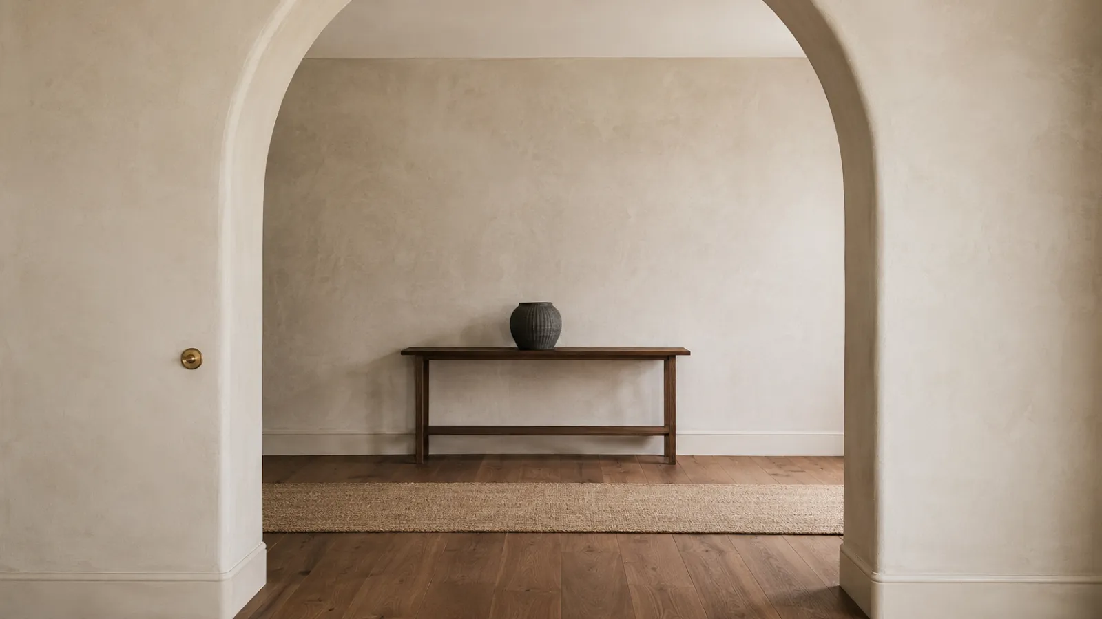 Arched plaster doorway framing a nearly empty room with a walnut console and one dark ceramic vessel.