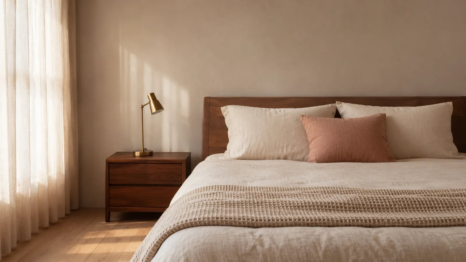 Fully made bed with oatmeal linen sheets and a folded waffle-weave throw, morning light on a walnut nightstand.