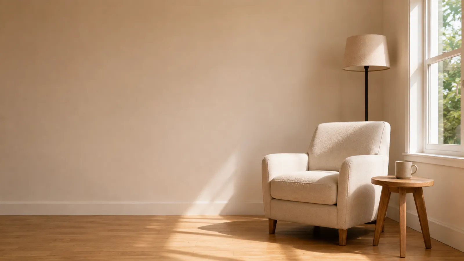 Minimal reading corner with one chair, one lamp, and deliberately empty space around it.