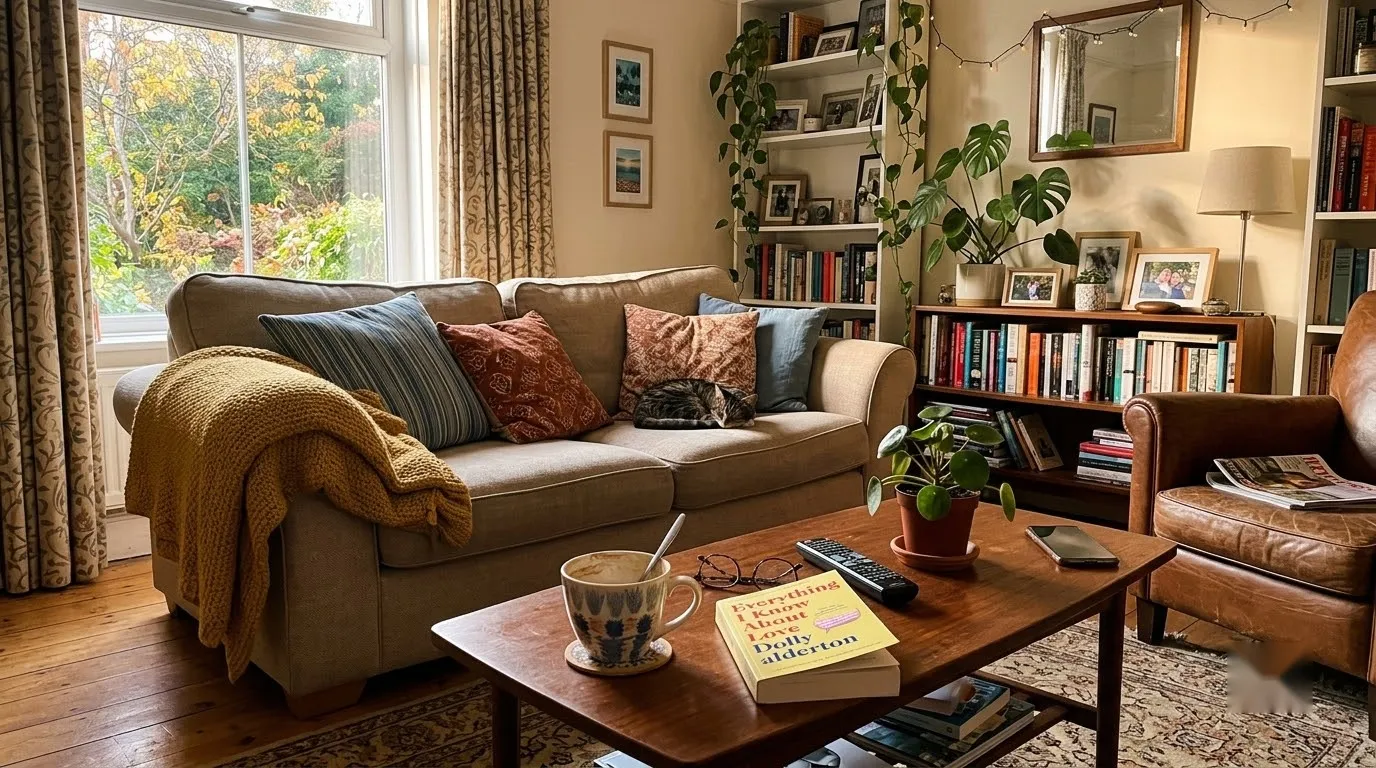 A candid, lived-in living room shows how a considered furniture layout settles over time.