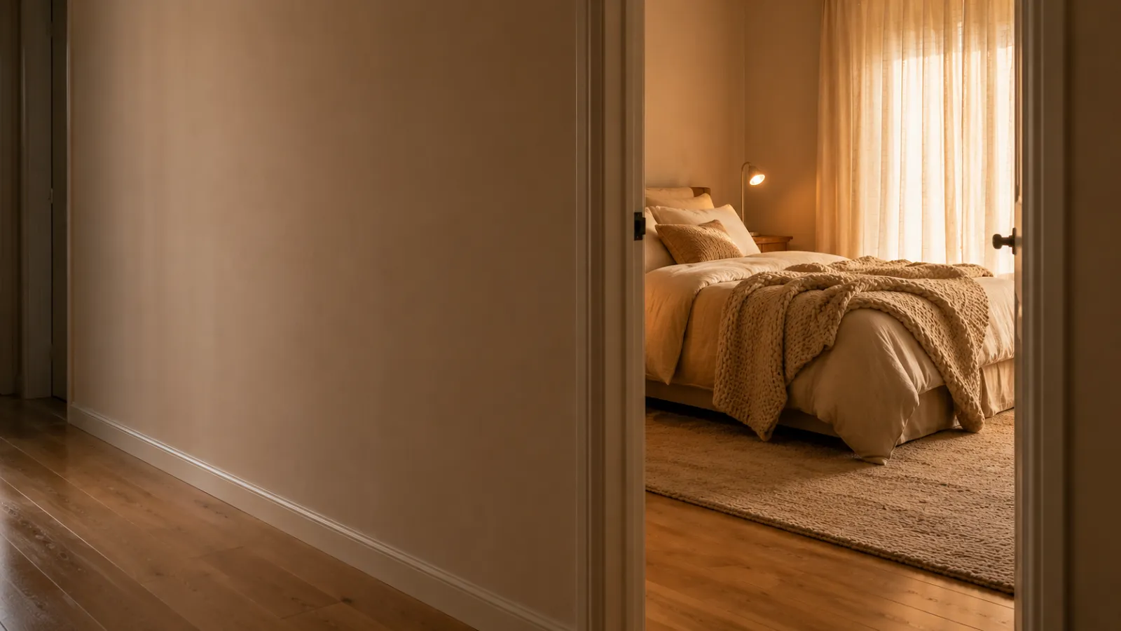 Bare hallway opening into a heavily softened bedroom, matching the softness to how each room is used.