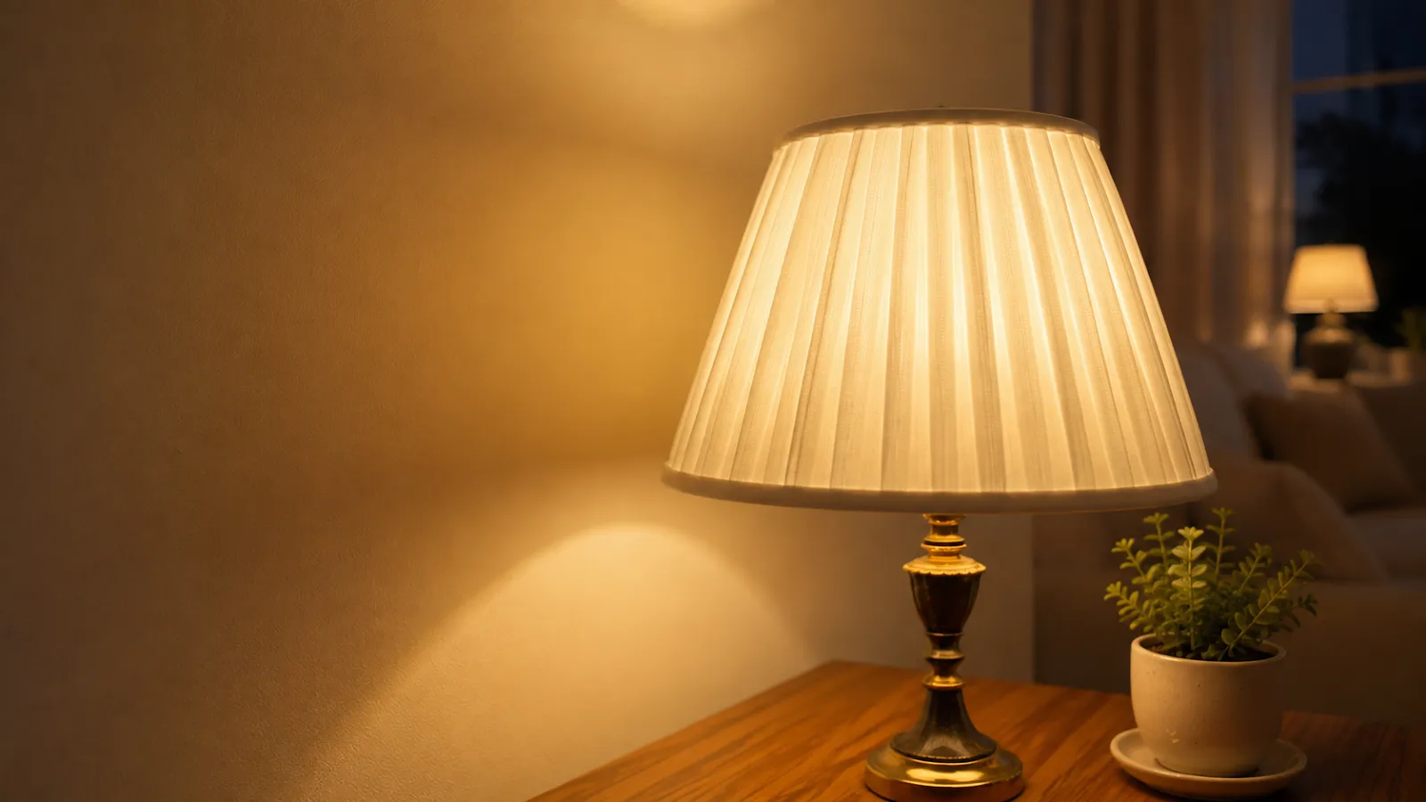 Late-night living room lit by two low lamps and a single candle.