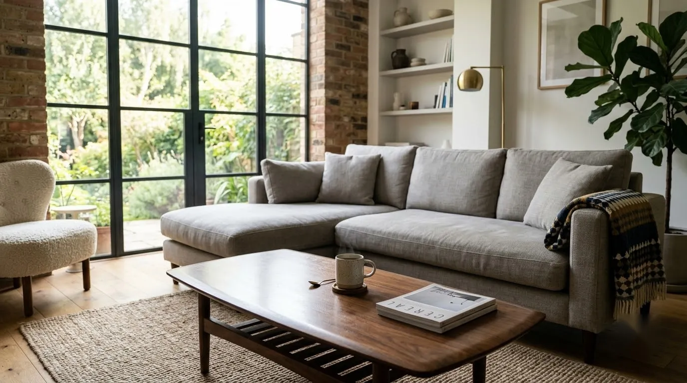 Morning light falls across a calm, already-reset living room with coffee ready on a clear table.