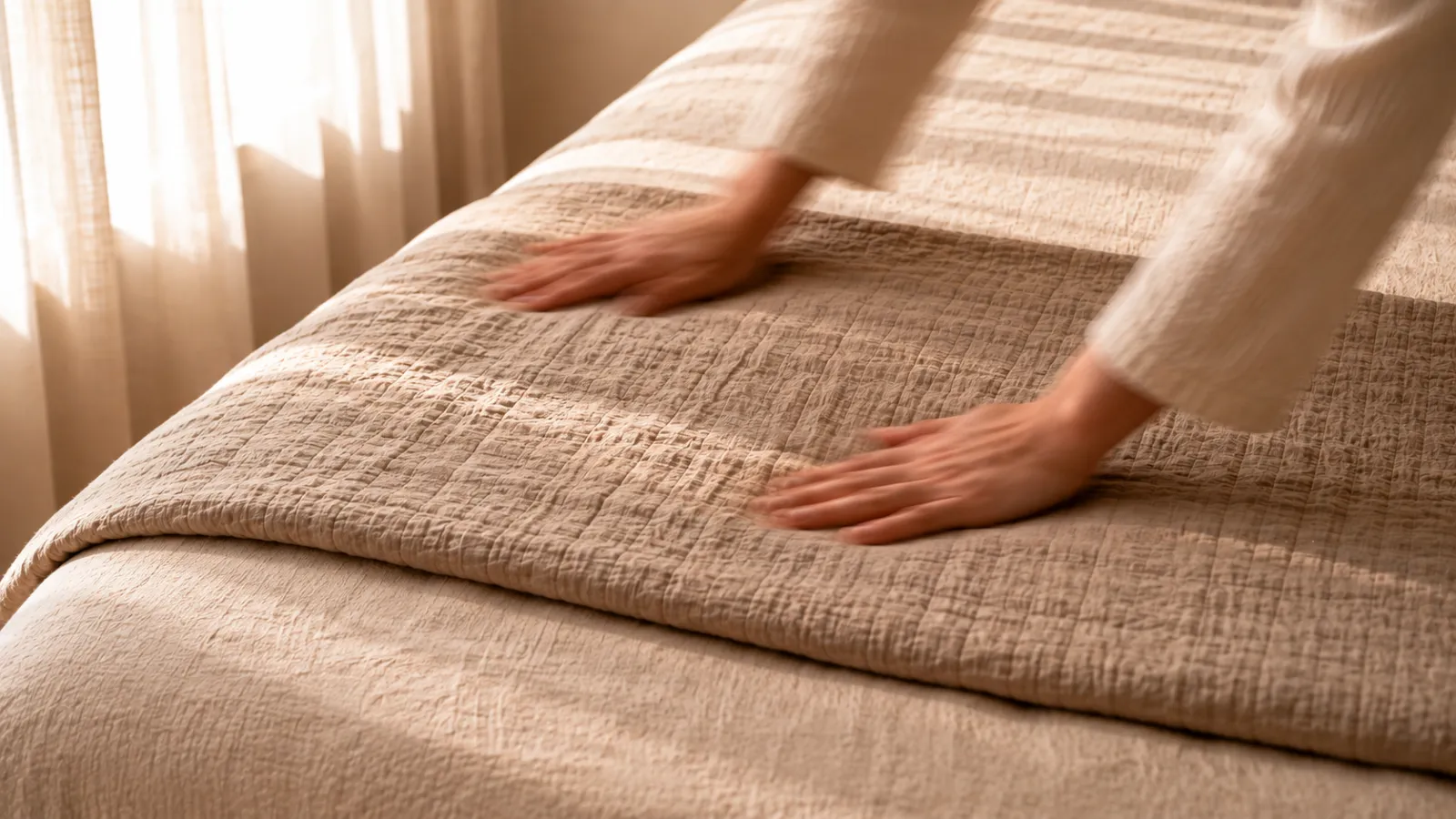 Hands smoothing a top quilt in morning light during a quick two-minute bed-making routine.