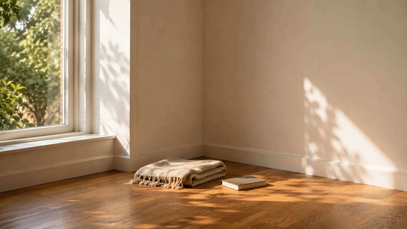 Sunlit empty apartment corner with a throw and open book on the floor, ready for a reading nook.