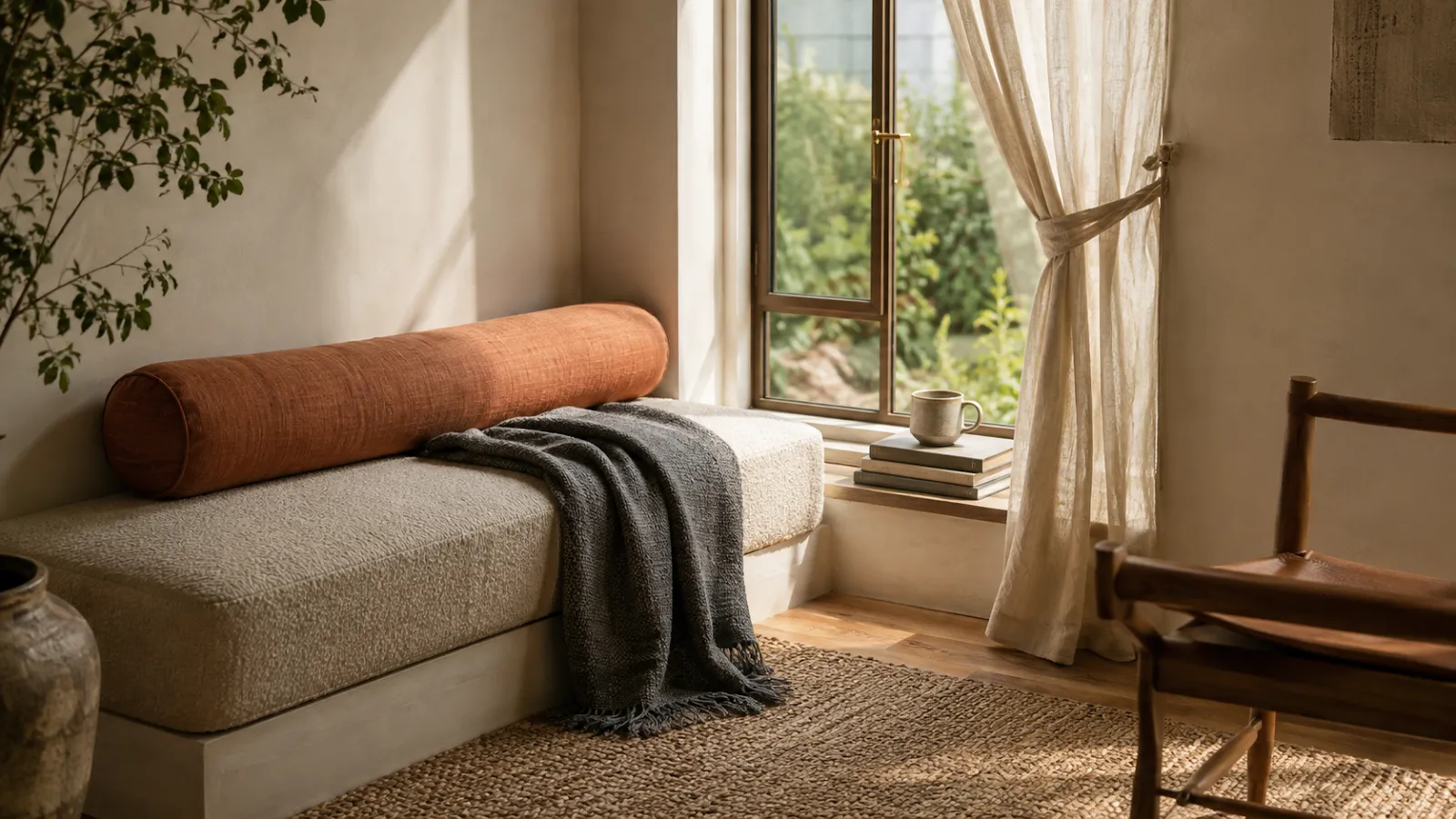 Sunlit window seat nook with a bouclé bench, terracotta bolster and jute rug, a calmer soft-surface reading corner.