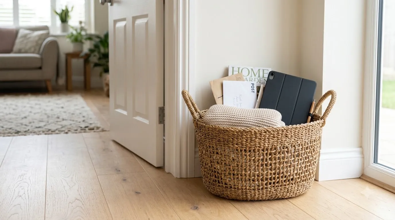 A large woven seagrass basket by the doorway holds a throw and mail during an evening reset.