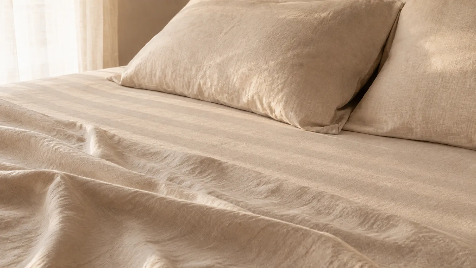 Close texture shot of matching oatmeal linen sheets and pillowcases for a quiet bed layering base.