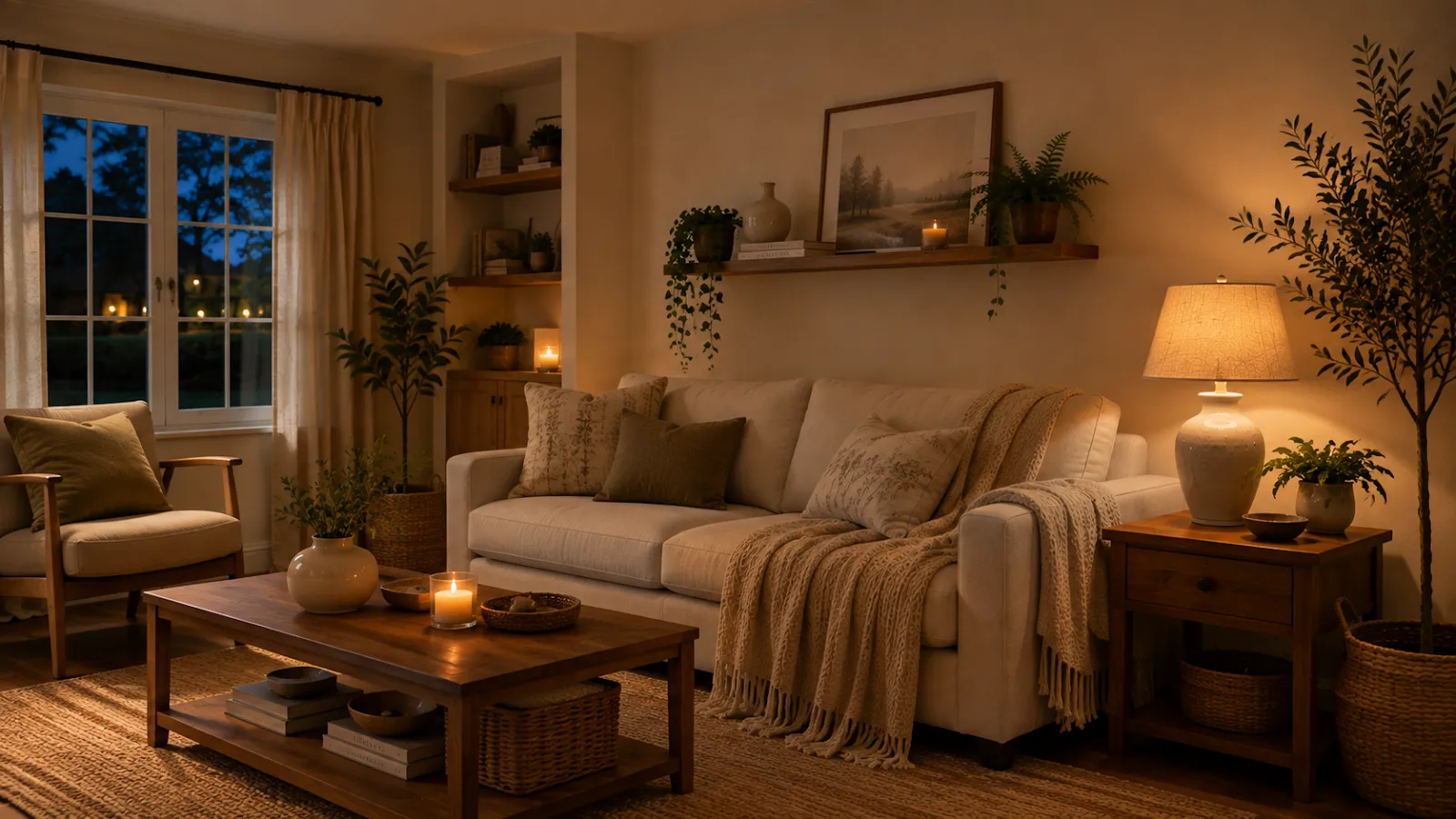 Living room glowing from one floor lamp with the ceiling fixture switched off.