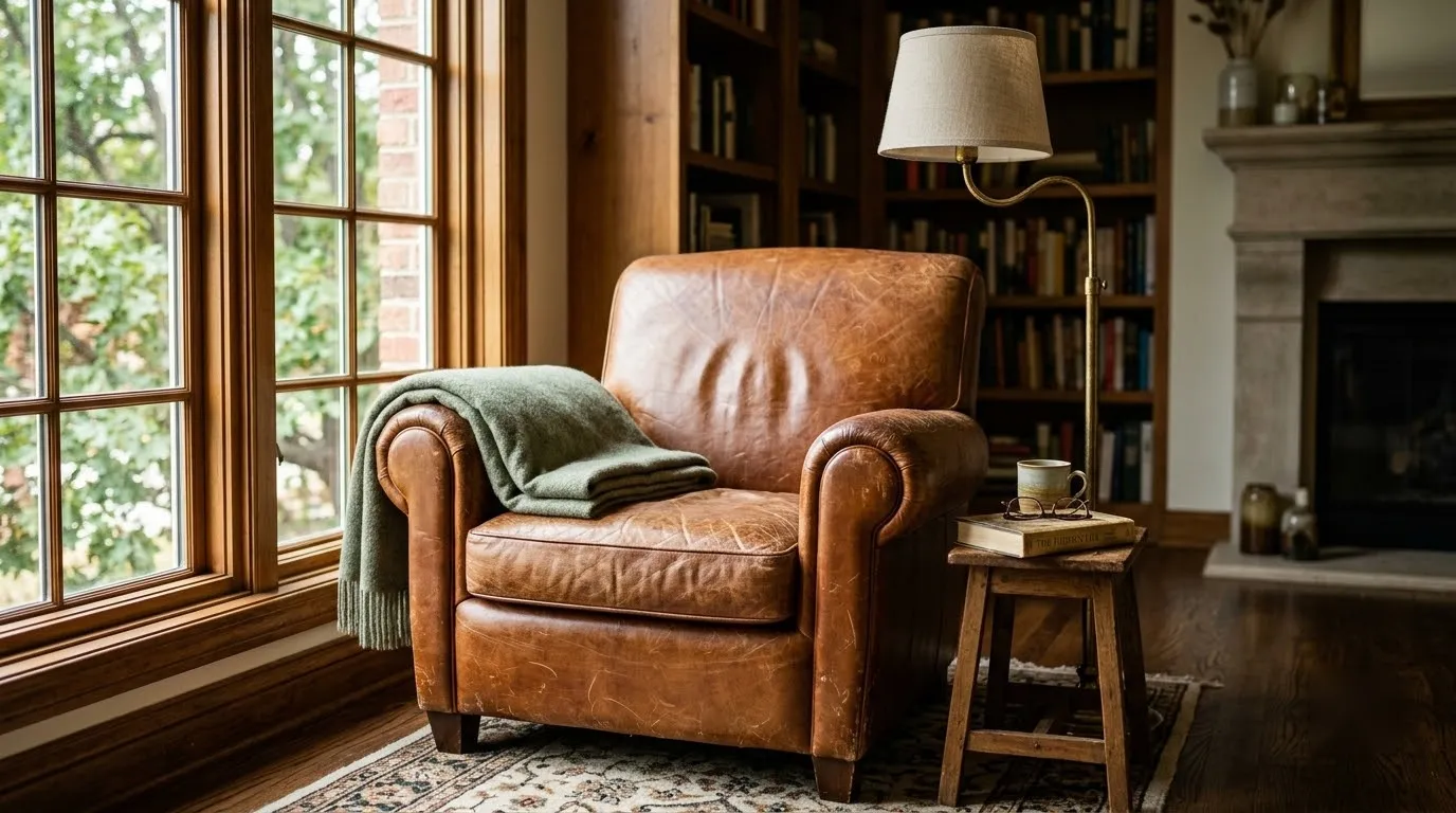 A worn leather reading chair by the window marks the room's real anchor point for furniture placement.