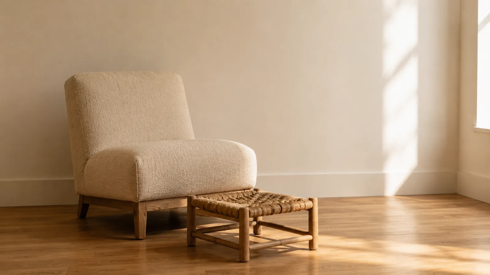Oatmeal slipper chair and woven footstool alone against a warm white wall in a small space.