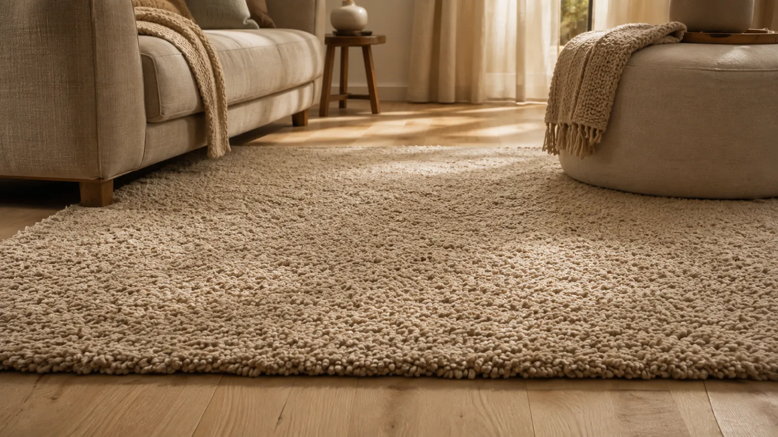 Large thick wool rug running under the sofa legs, the simplest way to make a room quieter underfoot.
