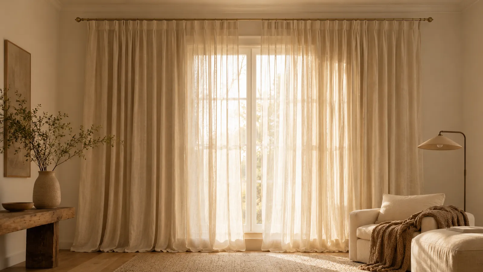 Full linen curtain panels hung wide and floor-length to soften a hard glass window and quiet the room.