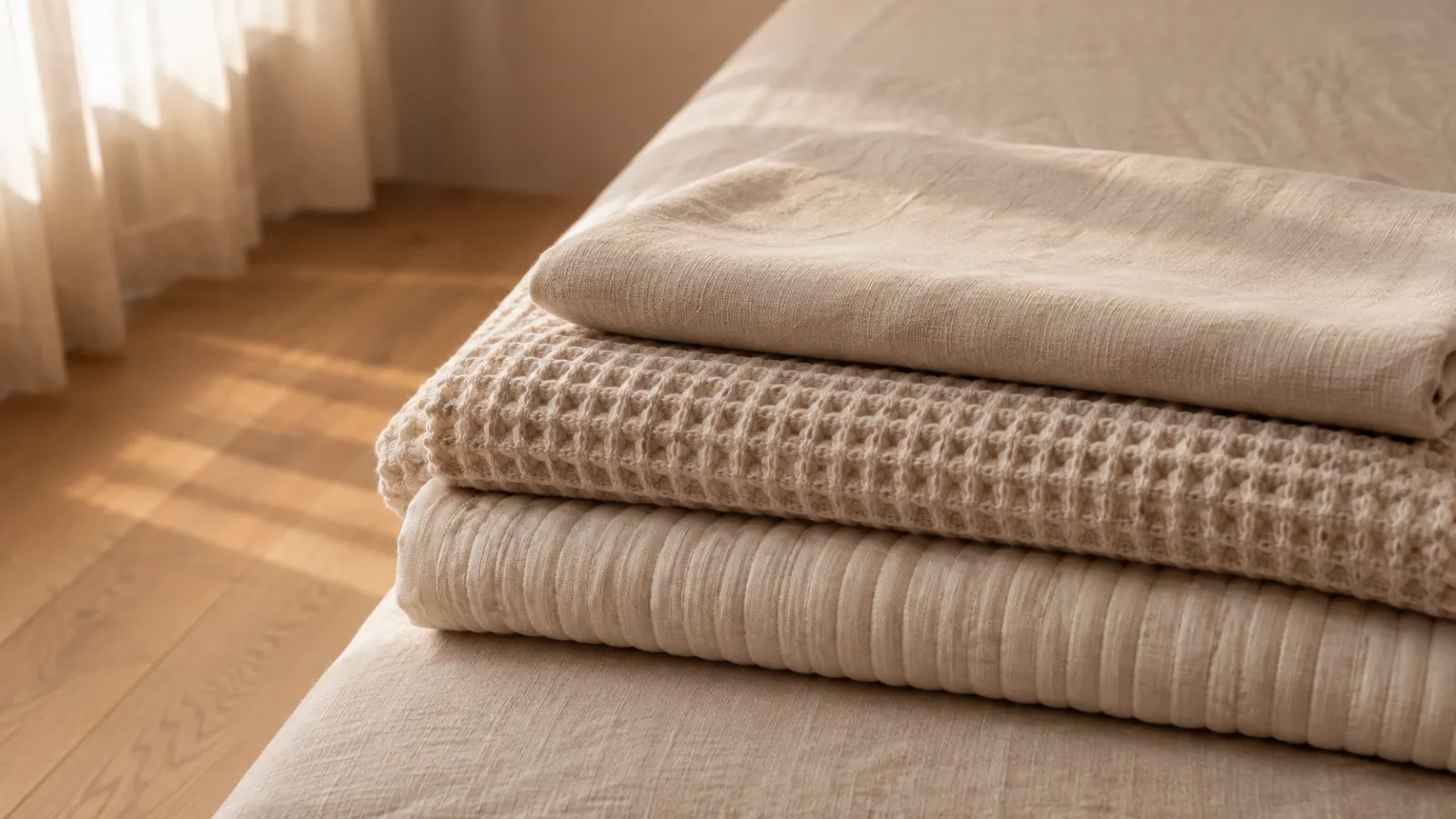 Three folded bedding layers of different weights stacked at the foot of a bed for texture without pattern