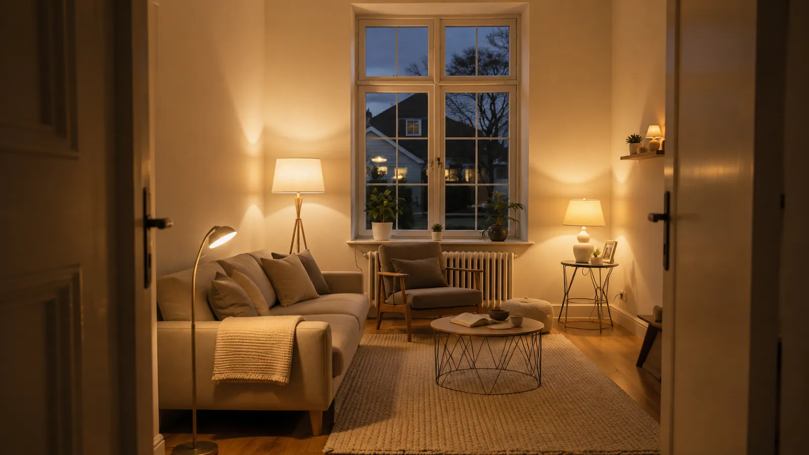 Living room showing ambient, task and accent lighting layers in one warm neutral scene.