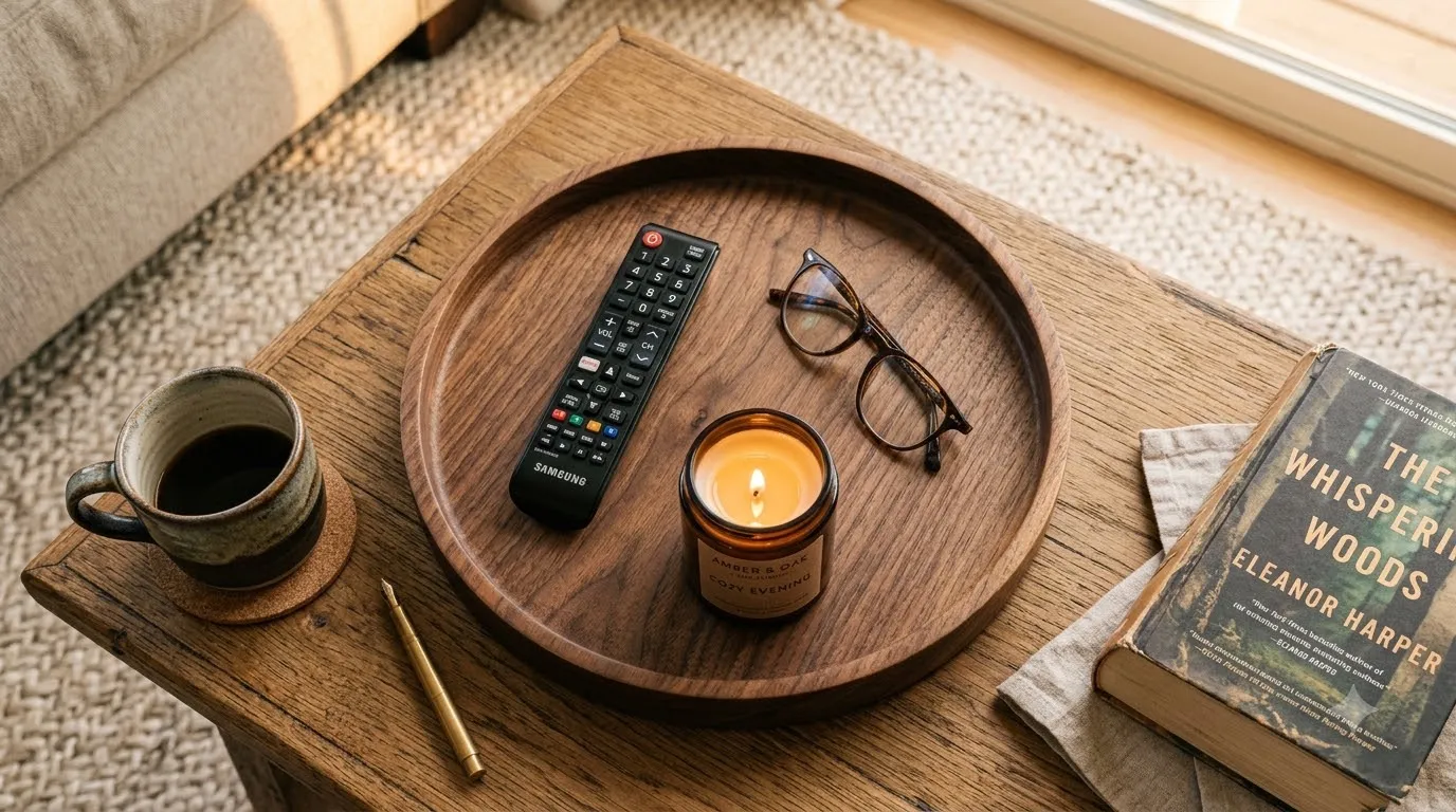 A wooden tray gathers remotes and reading glasses on a coffee table, keeping small items contained.