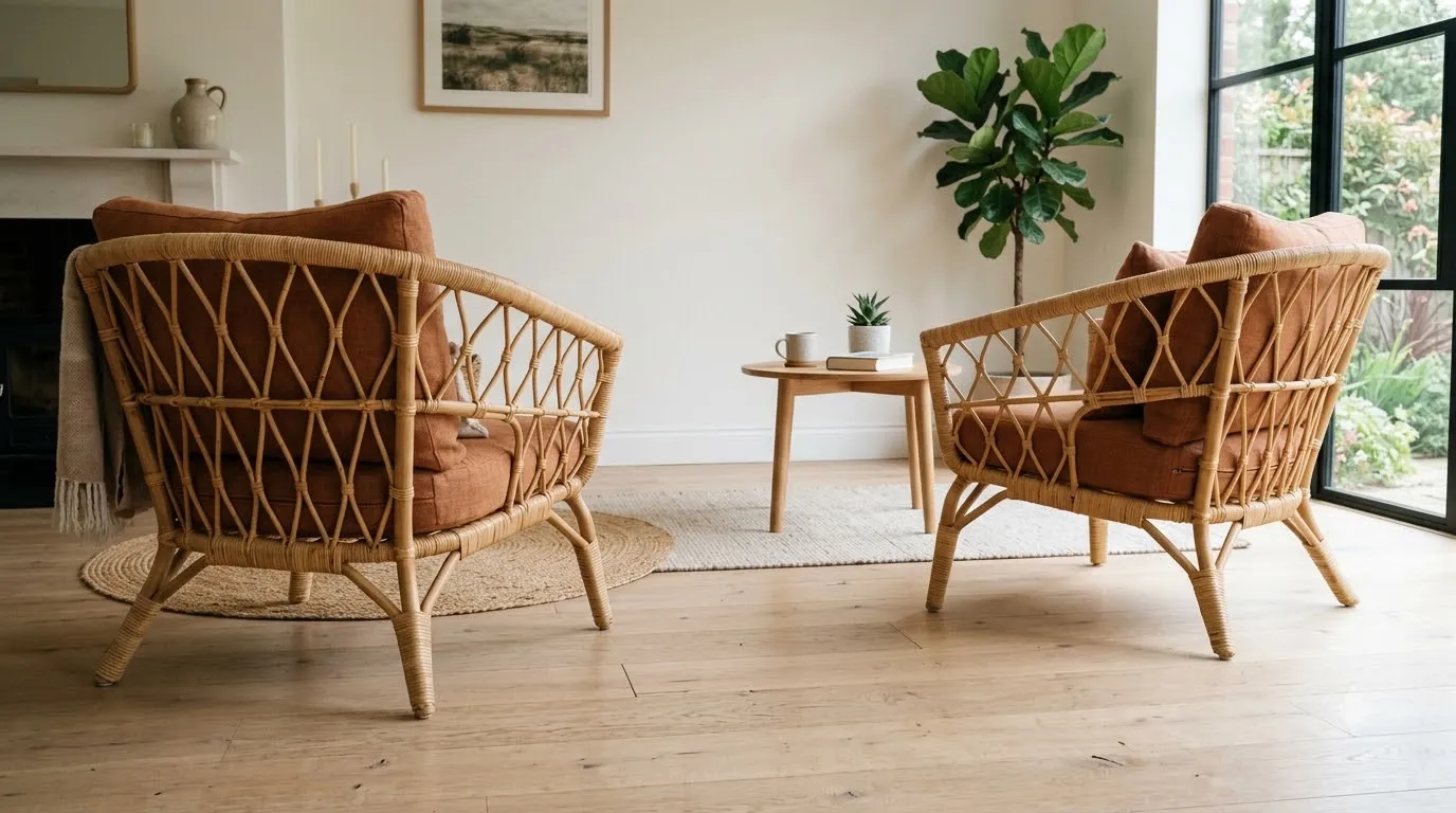 Two rattan chairs face each other close enough for easy conversation in a calm living room layout.