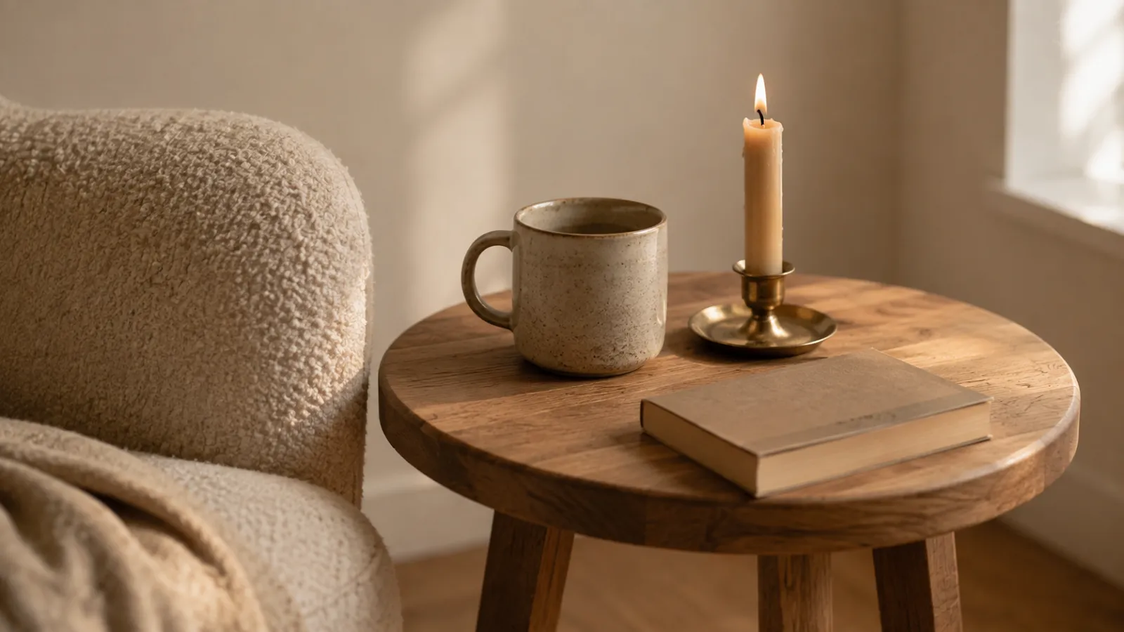 Small oak side table with a mug, candle, and open book beside a cream reading chair.
