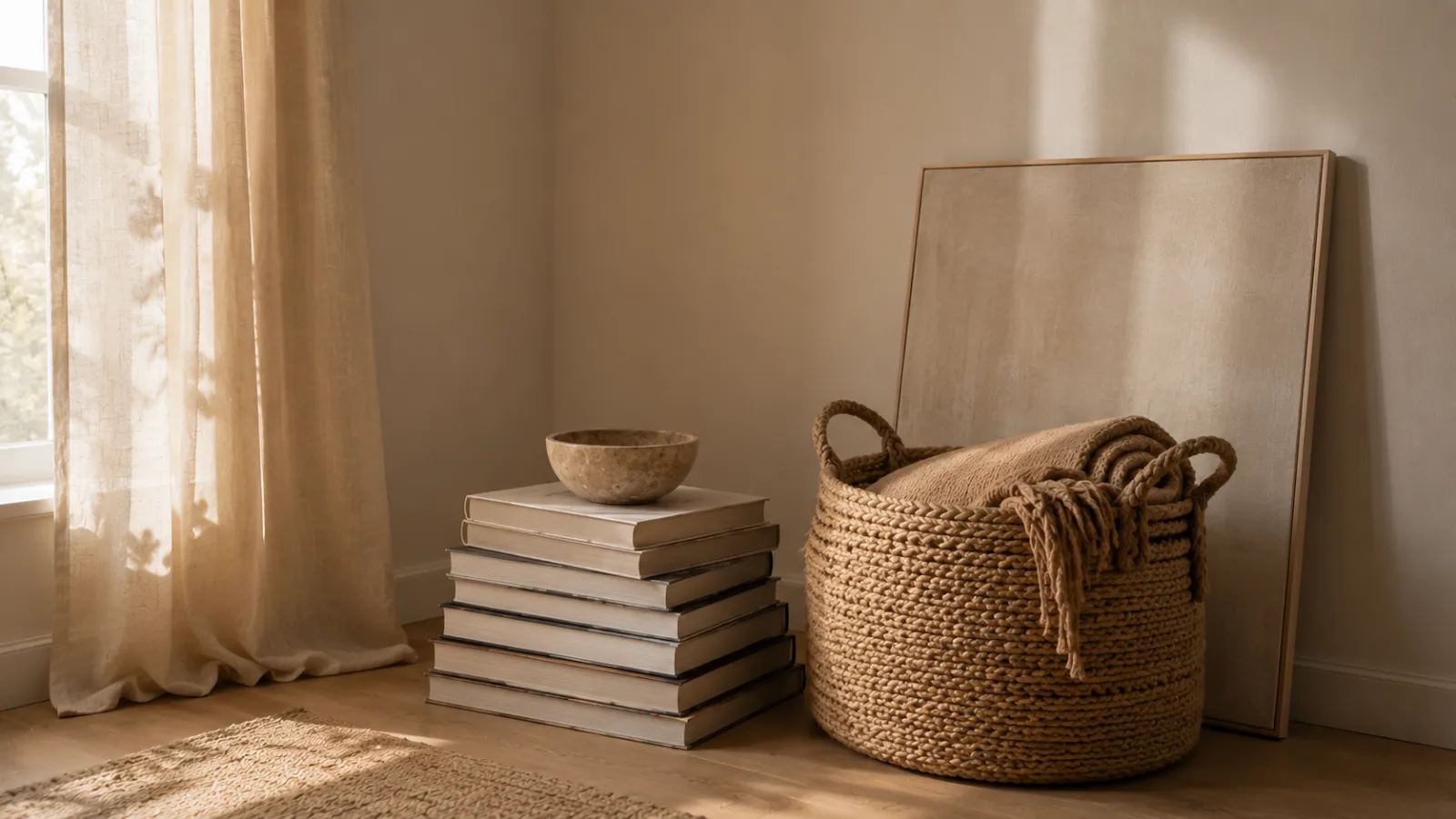 A quiet corner filled with stacked books, a woven basket and a leaning canvas instead of being left bare.