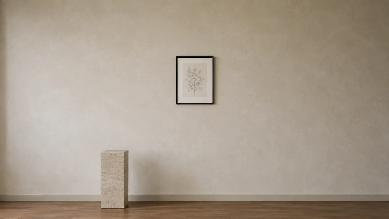 Framed botanical line drawing hung with generous bare wall margins for a calm, uncluttered look.