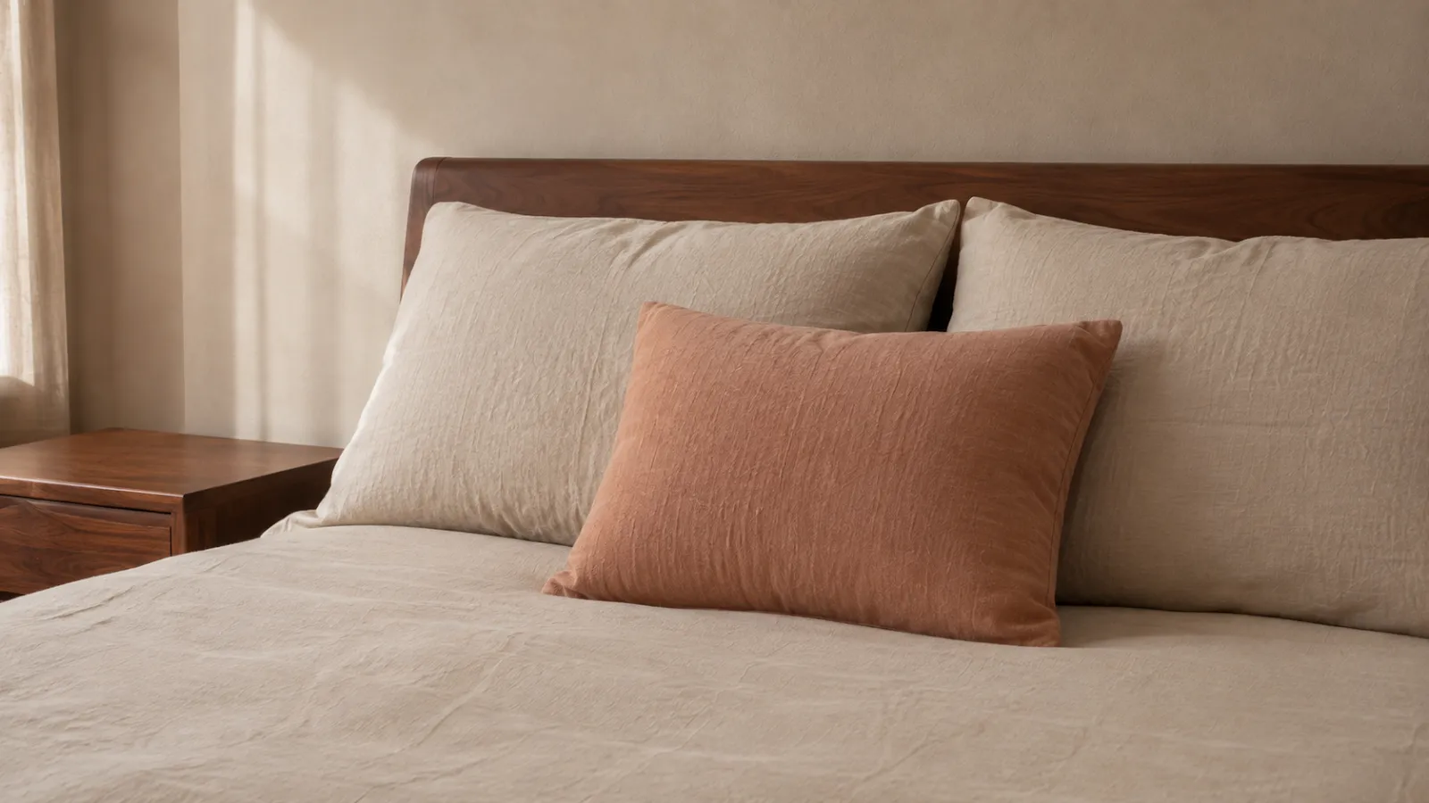 Two sleeping pillows and one clay-pink accent pillow arranged for an honest, easy-to-remake pillow count.