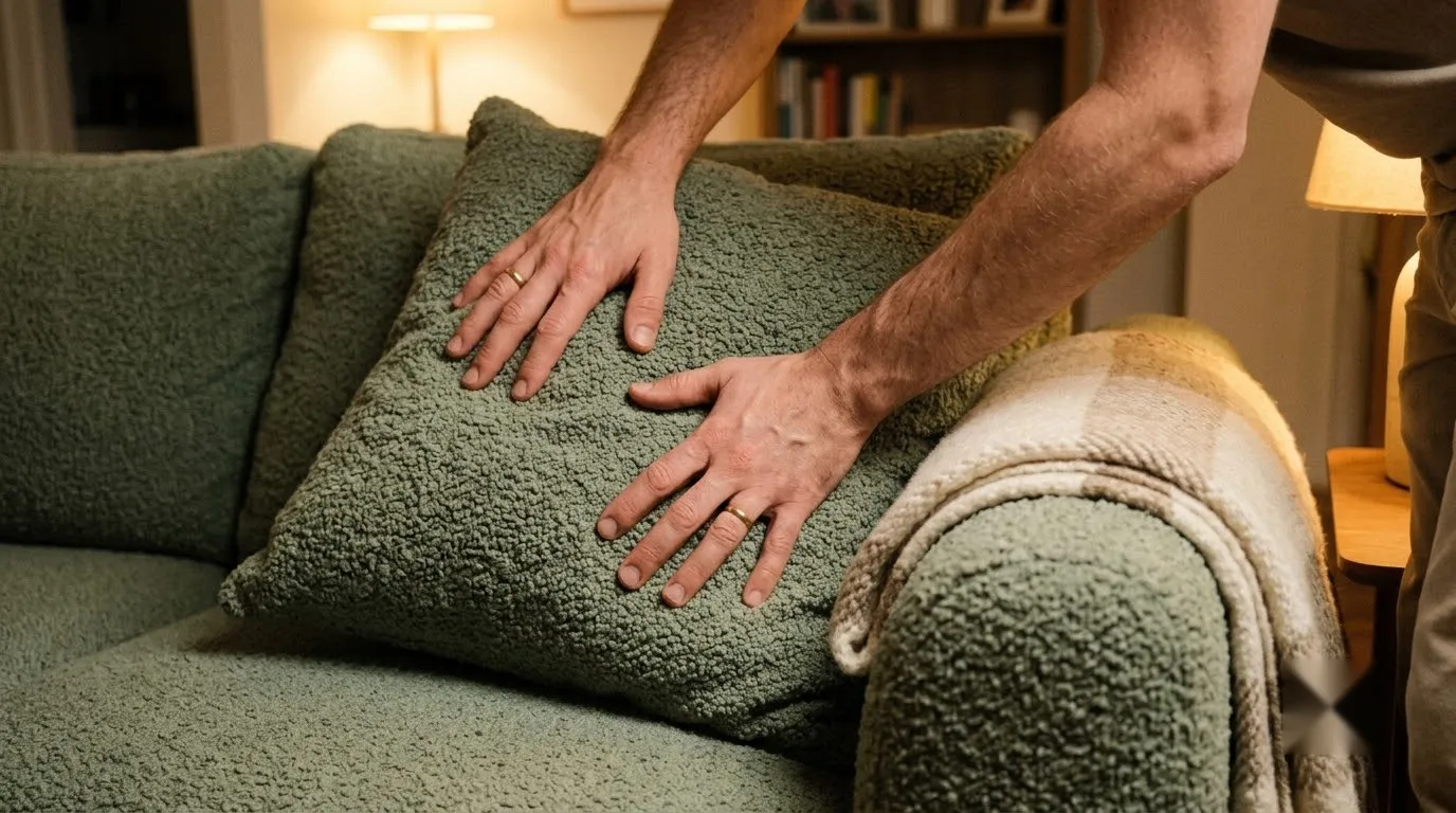 Hands fluff and straighten sofa cushions as the first step of a ten-minute evening reset.