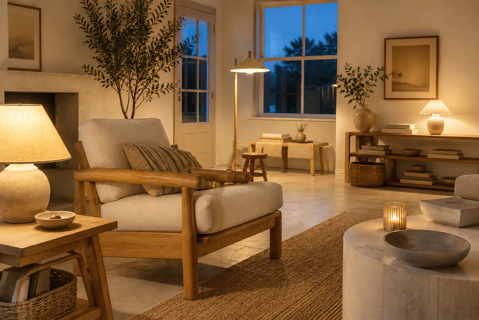Three low lamps lighting a neutral living room from seated eye level.