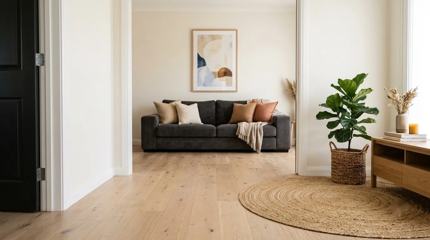 Doorway view of a calm living room with a charcoal corduroy sofa at the far end and a clear, unobstructed walking path across the wood floor.