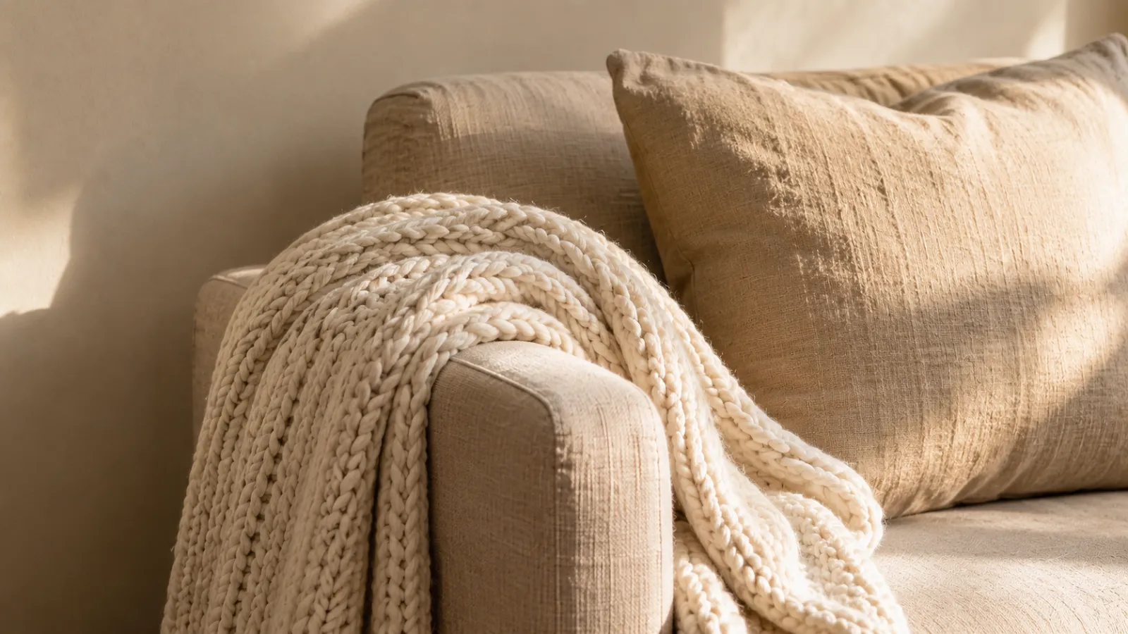 Chunky ivory knit throw draped over a beige linen armchair with one soft cushion.