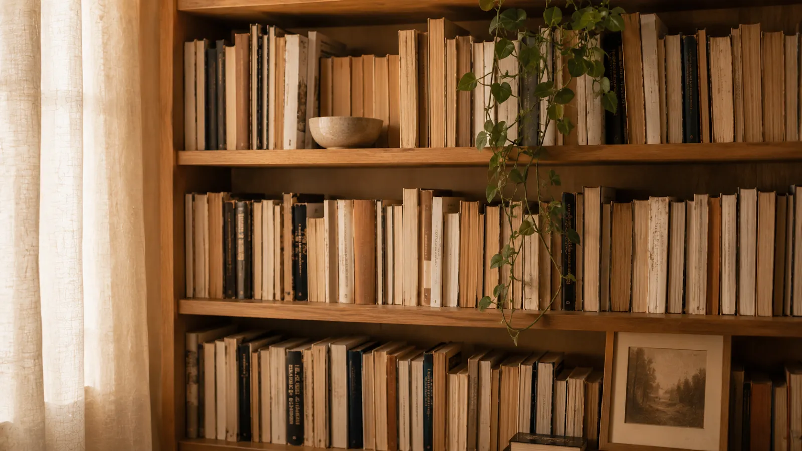 Densely filled oak bookshelf whose paper edges quietly absorb sound in a calm living room.