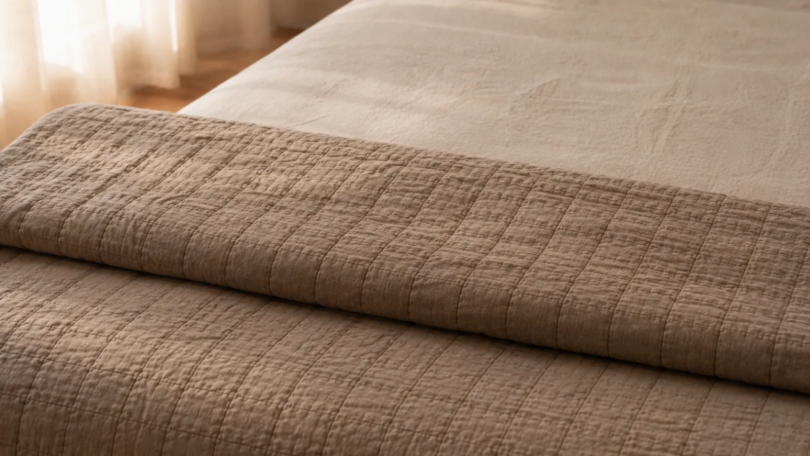 Close-up of a quilt folded back across the lower third of the mattress instead of draped flat.