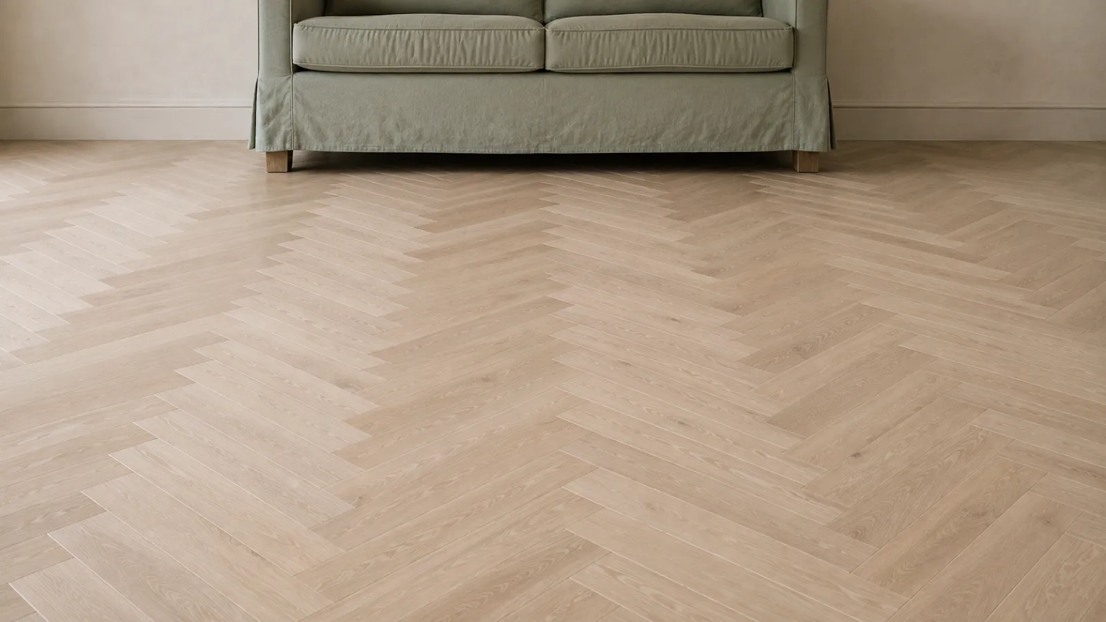 Pale herringbone floor left uncovered beside a sage-green sofa pulled slightly from the wall.