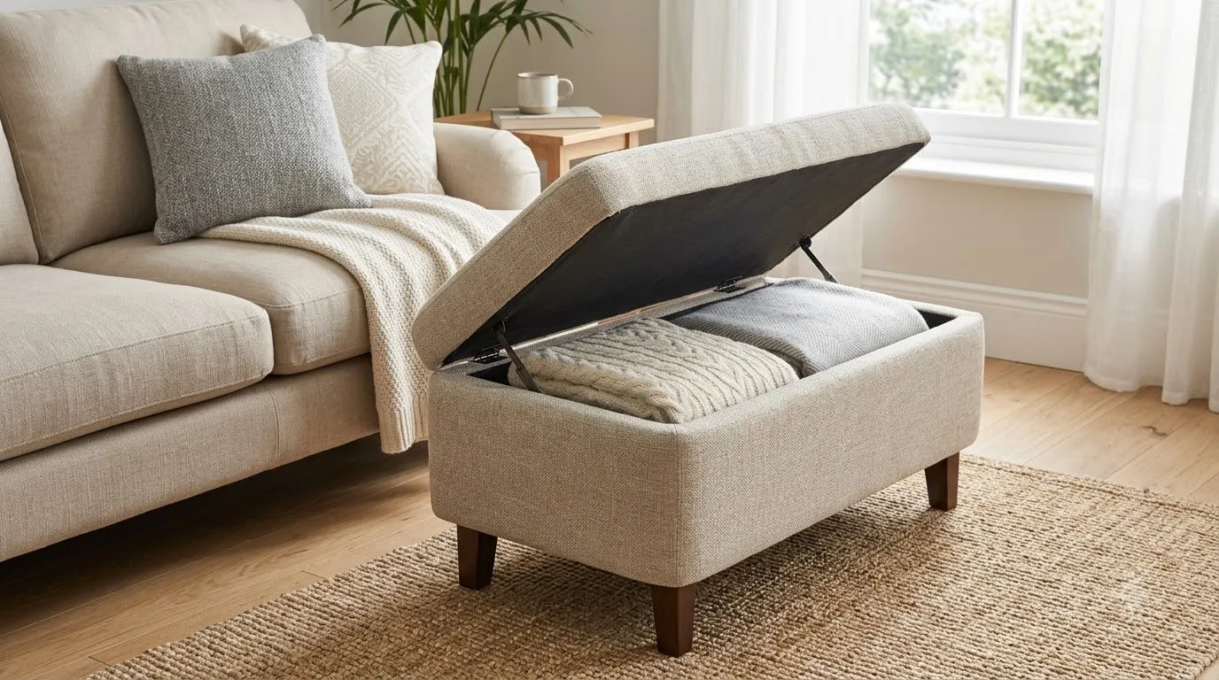 An oatmeal fabric storage ottoman with a lifted lid holds folded throws beside a living room sofa.