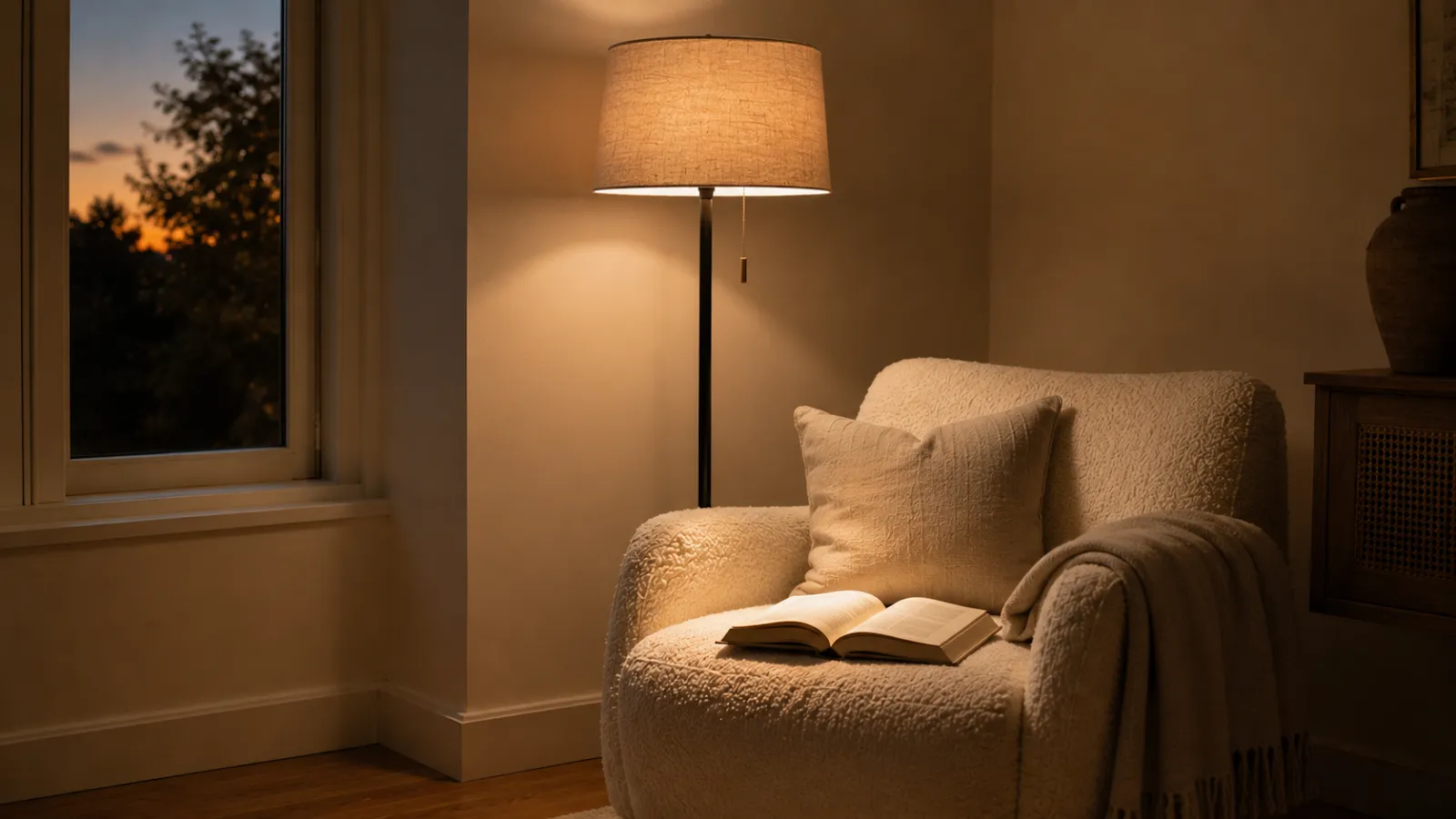 Beige-shaded floor lamp casting warm reading light onto an open book on a cream chair.