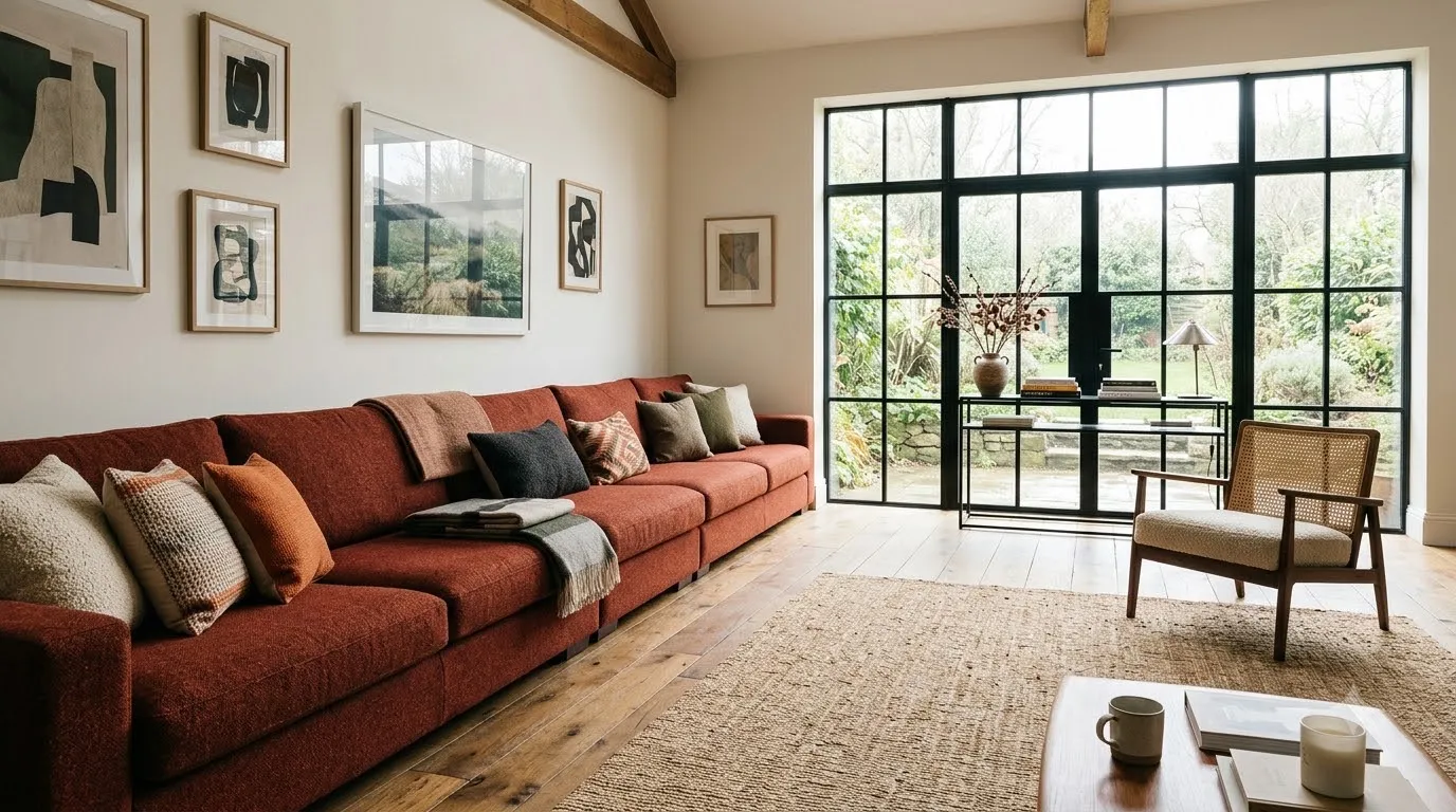 Rust-red tweed sectional sofa placed along the longest wall of a living room with a crittall window.