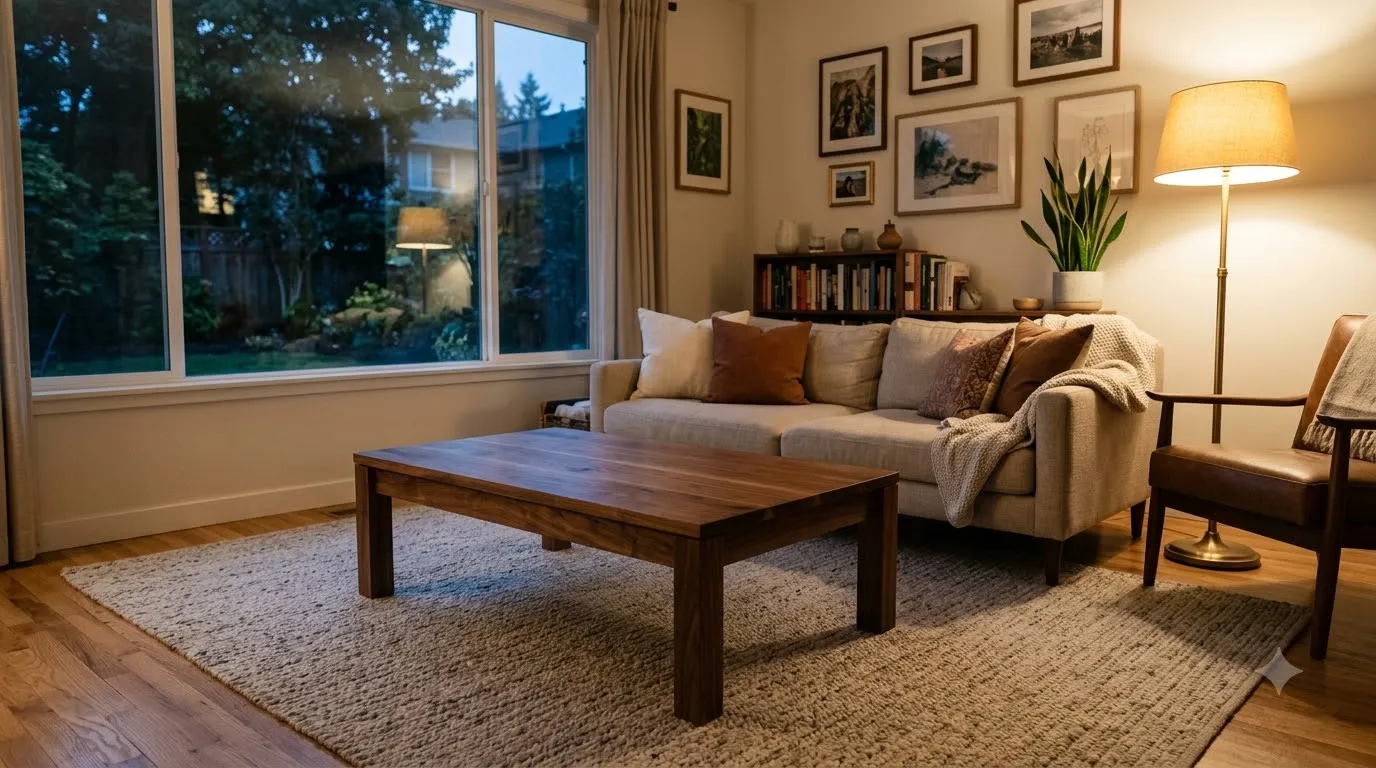 A single clear coffee table signals the room is done for the night during an evening reset.
