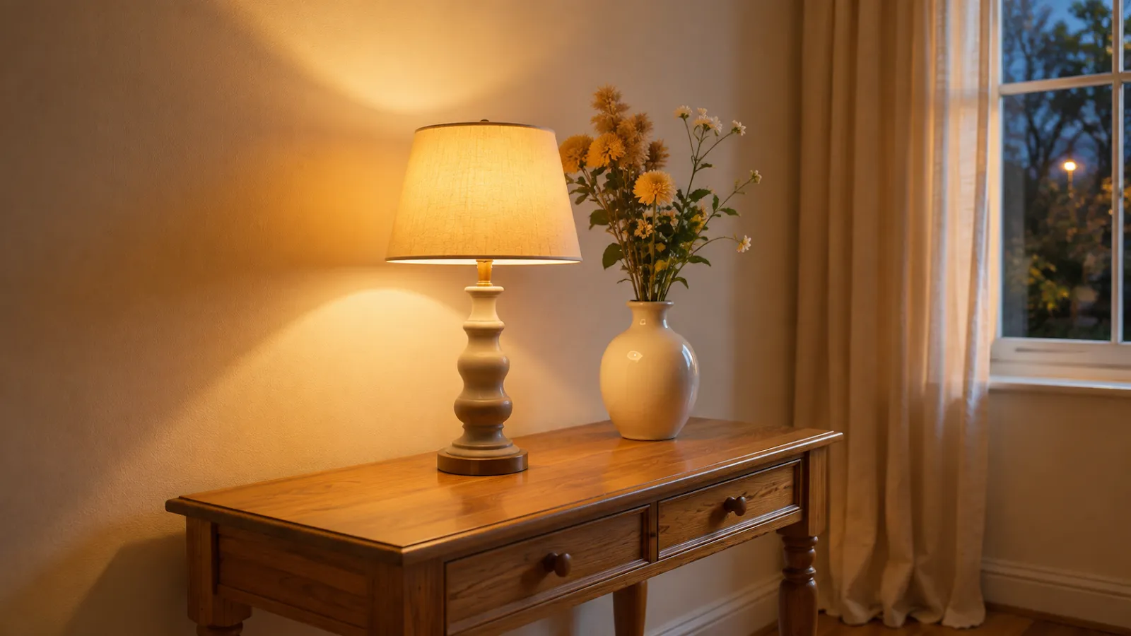 Each seat in a neutral living room lit by its own small lamp.