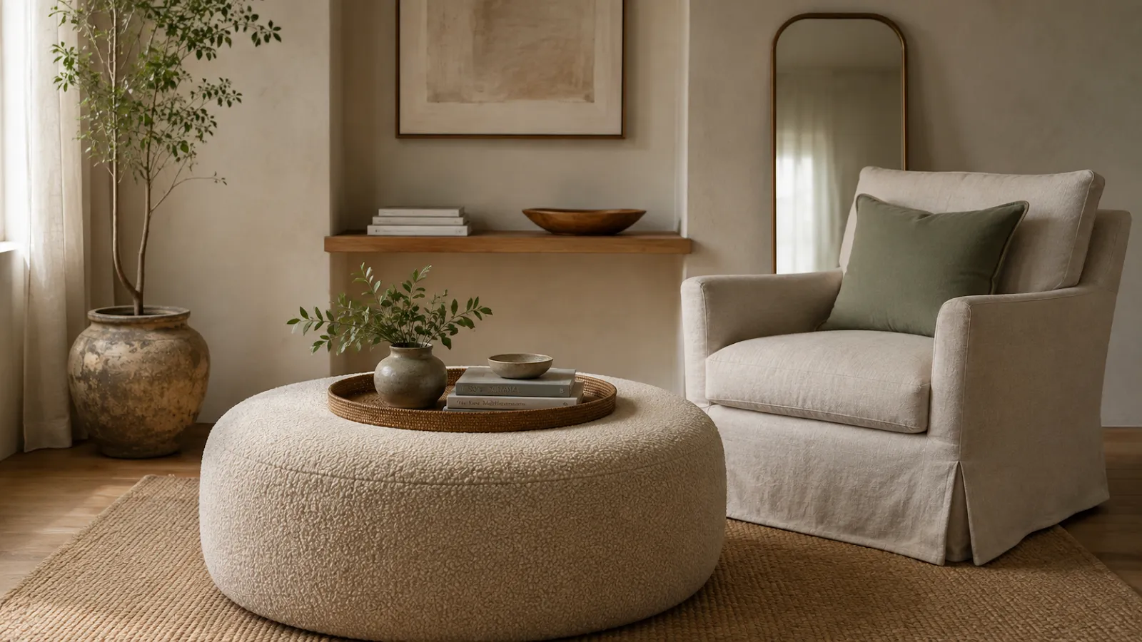Round bouclé ottoman and sage-cushioned armchair chosen over hard-edged furniture for a gentler, quieter room.
