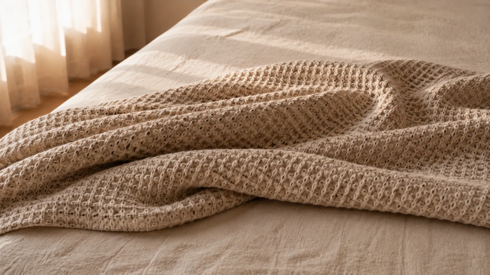 Cotton waffle-weave blanket draped across a neutral bed, adding texture to a calm bedroom.