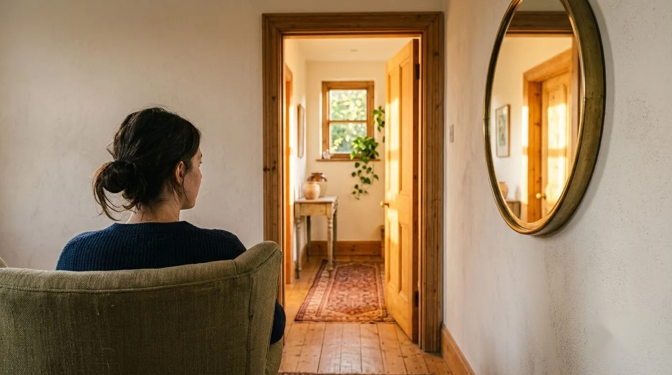A reading chair faces the doorway, keeping the entrance in view for a calmer living room layout.