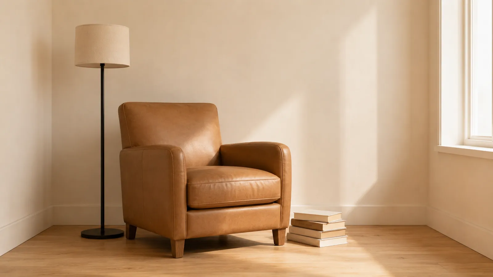 Tan leather reading chair in a cream and oak corner styled in three quiet neutral colors.