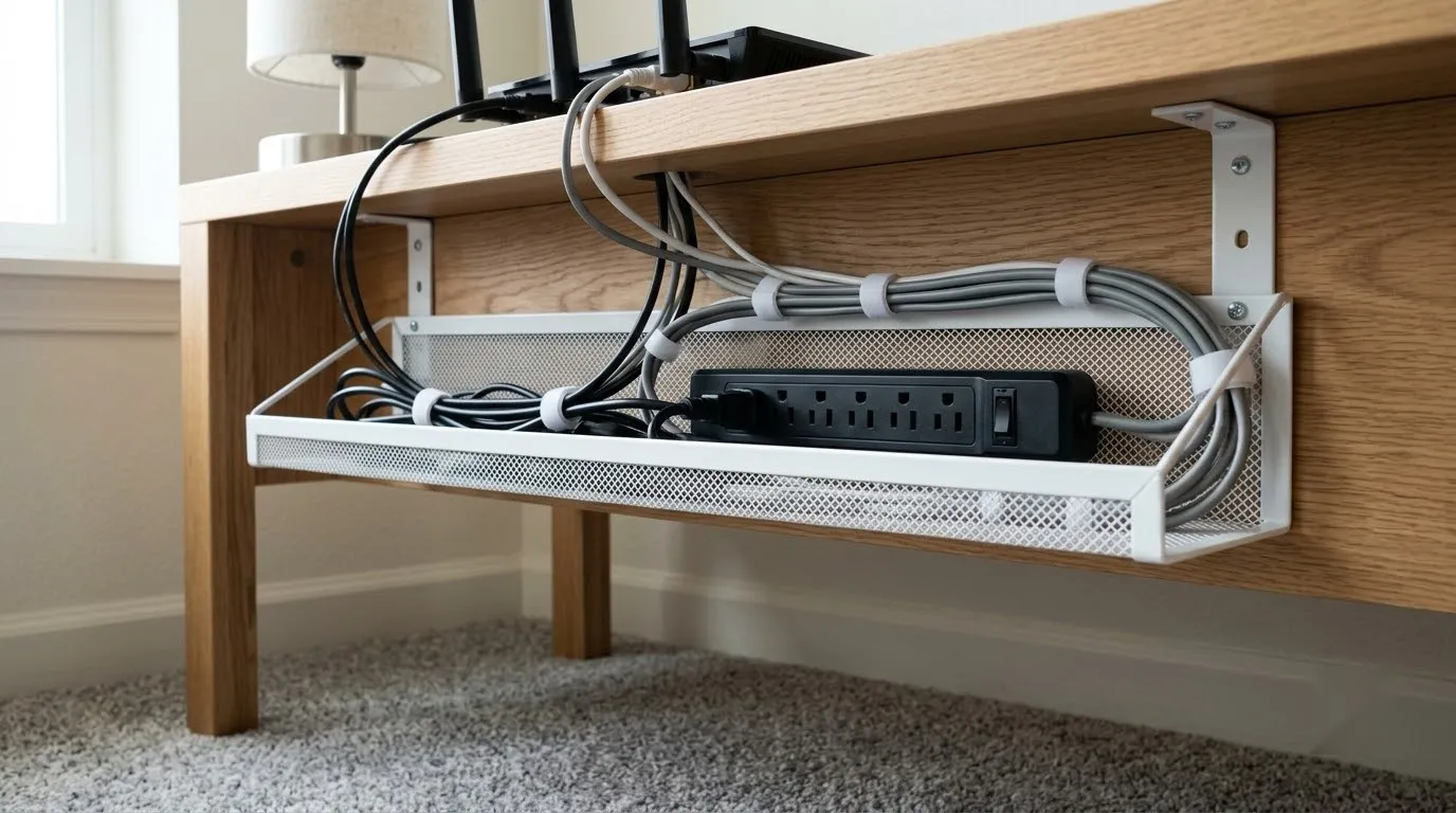 A white under-desk cable management tray mounted beneath a console gathers cords and a power strip out of sight.