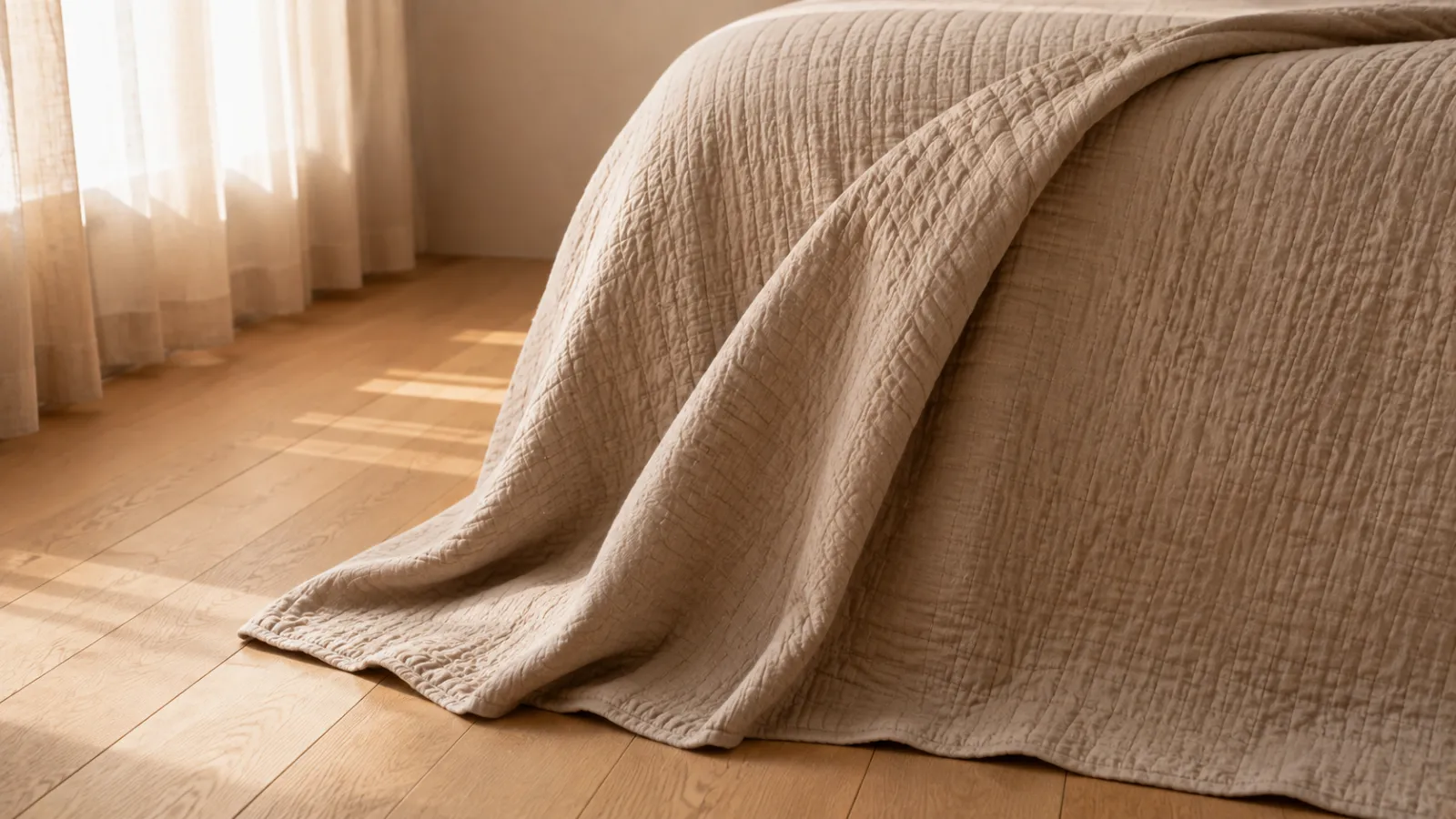 Low-angle shot of an oversized quilt softly overhanging the mattress edge for a settled look.