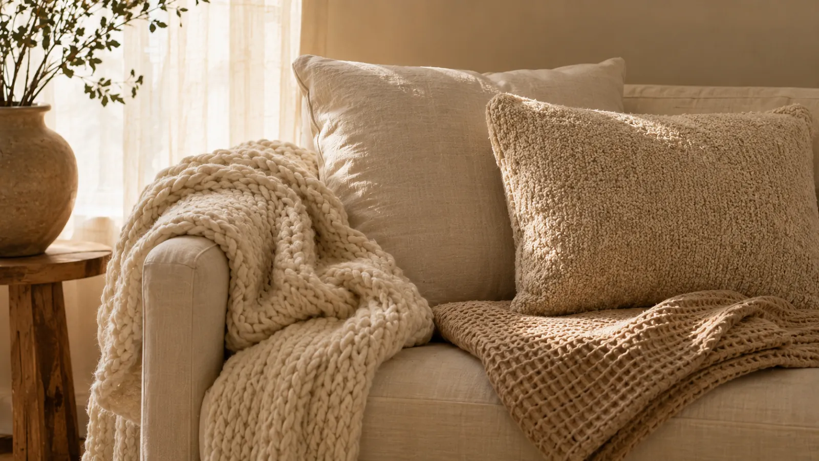 Layered knit, linen and bouclé textiles at seat height adding softness and texture to a neutral sofa.